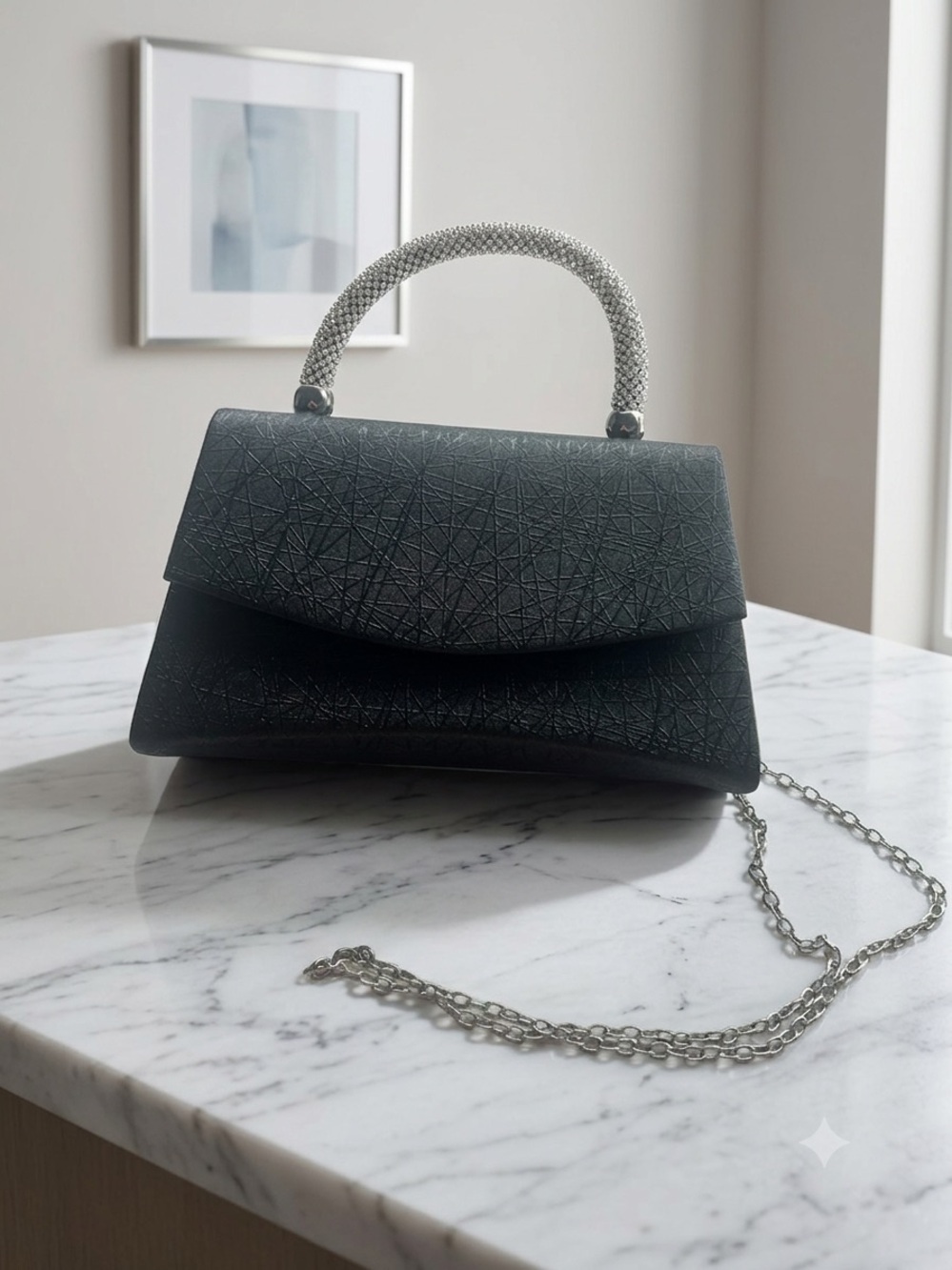 Elegant Black Top-Handle Evening Bag with Silver Chain